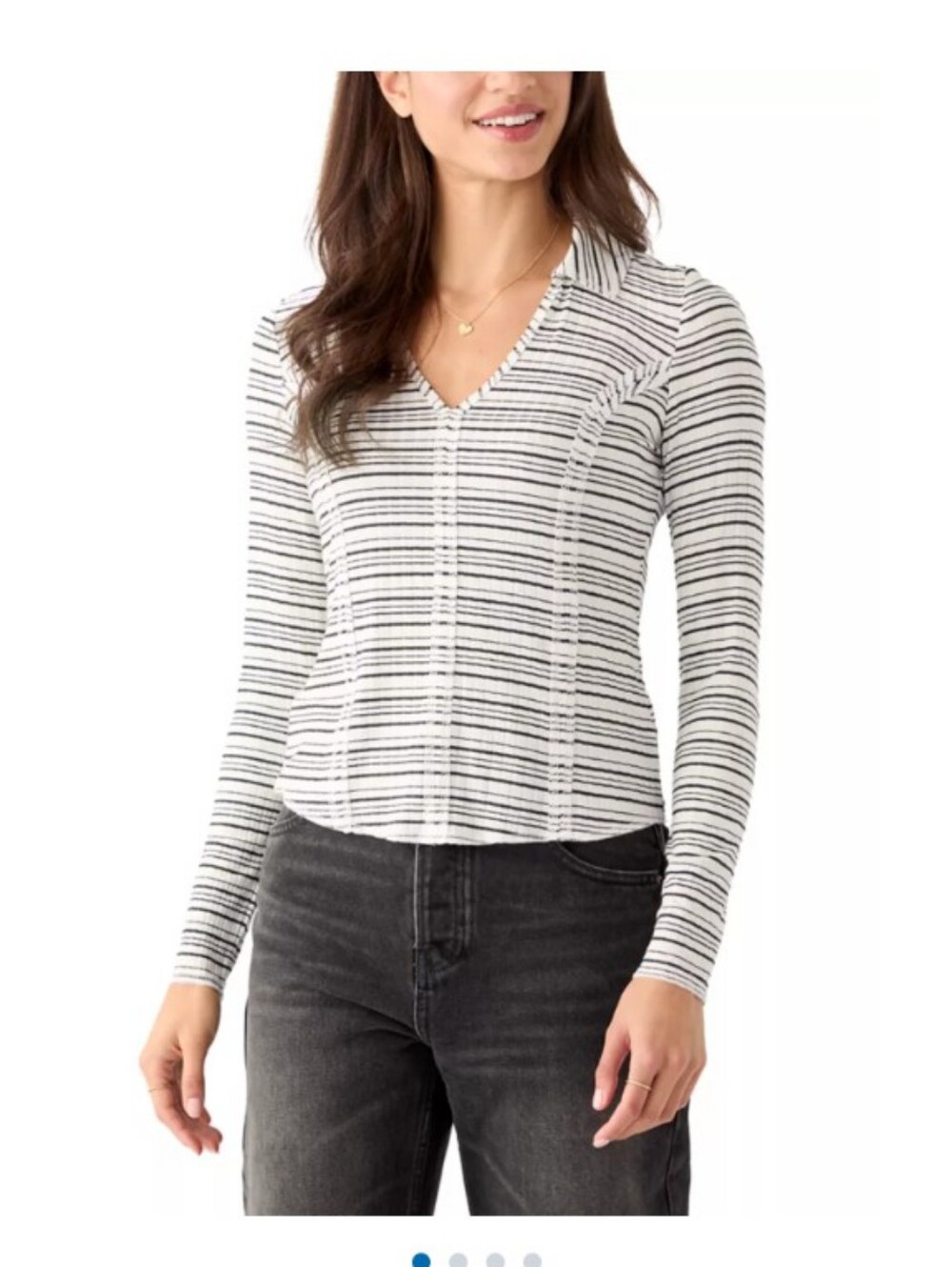 Striped V-Neck Long Sleeve Tee in White and Black